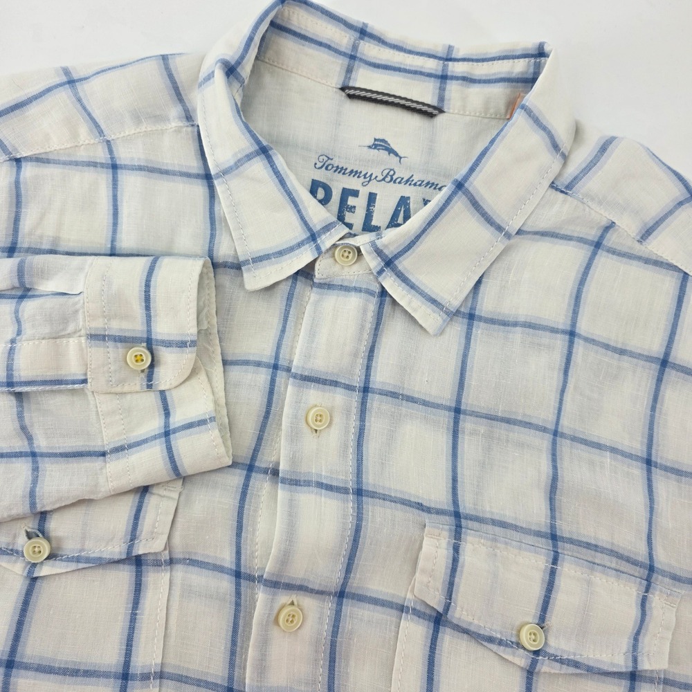 Tommy Bahama Relax Mens XL Linen Button Up Camp Shirt Blue Plaid  Sleeve